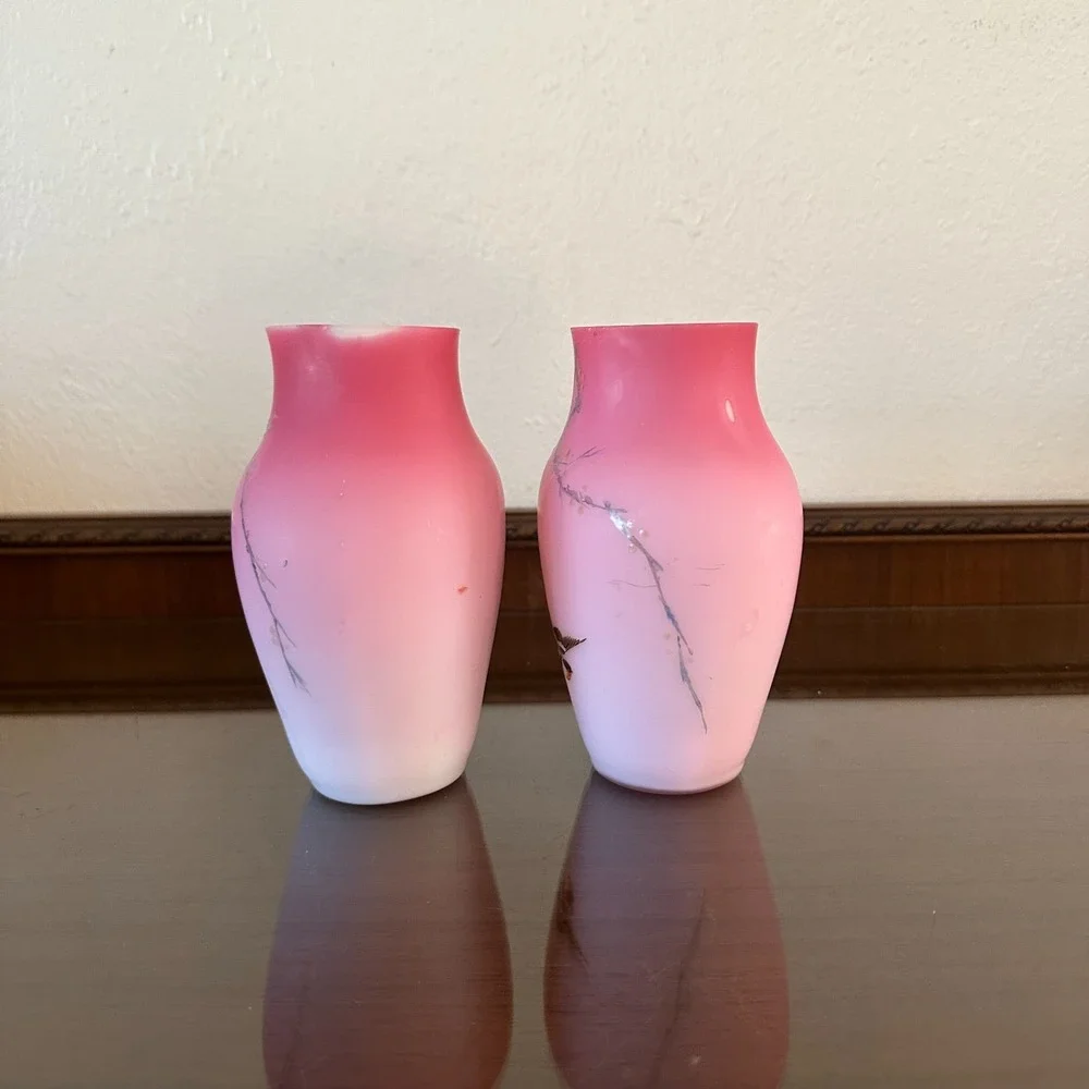 2 Antique Victorian MT WASHINGTON Satin Pink Quilted Cased Glass Vase Bird Vines